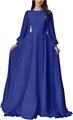 Royal blue long-sleeved evening gown with pleated bodice and lantern sleeves on model - S / Dresses / Blue