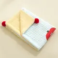 Soft blue gingham checkered pet blanket with warm cream sherpa lining and red pom-poms - Plaid Apple (Blanket) / S: 50*35cm (Recommended for 3.5kg Cat / 2.5kg Dog)