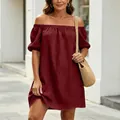 Lässiges weinrotes schulterfreies Baumwoll-Leinen-Minikleid für die Sommermode - S / Kleider / Burgunderrot