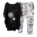 Stylish women's two-piece leisure set with dandelion print tee and camo trousers - 3XL / Top And Bottom / Black (134105 Element 47)