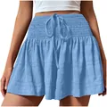 Detail showing the smocked waist and drawstring of these light blue summer shorts - Light Blue