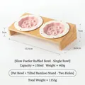 Supporto rialzato in bambù con due ciotole lente in ceramica rosa per gatti e cani - Piatto Slow Feeder Pois Bordo / Ciotola Doppia Con Supporto / Rosa