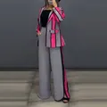 Detail of women's pink and grey striped blazer suit with wide-leg trousers - Grey Stripe