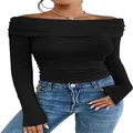 Elegante top nero a spalle scoperte a maniche lunghe slim fit da donna, design versatile e chic - Taglia S / Top / Nero