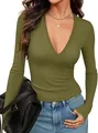 Detail of women's olive green deep V-neck long sleeve ribbed knit slim fit basic top - Olive