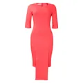 Detail view of the elegant coral pink bodycon office dress featuring a unique front flap design - S / Dresses / Pink