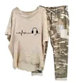 Casual two-piece women's set featuring a beige graphic tee and camouflage trousers - 3XL / Top And Bottom / Apricot (Element 16)