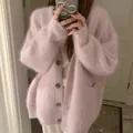 Loose fit soft pink fuzzy faux mink fur knit cardigan sweater for women's autumn winter - One Size / Tops / Pink