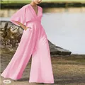 Elegante tuta rosa con scollo a V e gamba larga per la moda estiva chic e trendy - Rosa