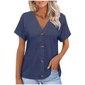 Front view of women's blue v-neck short sleeve t-shirt with button details - S / Tops / Navy Blue