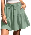 Lightweight sage green tiered mini skirt with elastic drawstring waistband for women - S / Bottoms / Army Green