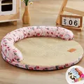 Sommer-Haustier-Kühlmatte mit rosa Blumenrand und rundem Strohgeflecht für Hunde und Katzen - Rosa Hase + Decke / S (40cm) / Rosa