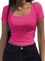 Close-up detail of hot pink ribbed knit texture on women's slim scoop neck t-shirt - S / Tops / Rose Red