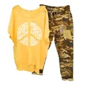 Women's two-piece set featuring a yellow graphic tee and camouflage print pants. - 3XL / Top And Bottom / Yellow (134105 Element 44)