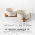 Double ceramic pet bowl set with bamboo stand and cat paw relief pattern - Double Bowl Set (Large) / Double Bowl Stand [Bamboo]