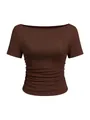 Stijlvol nauwsluitend donkerbruin geribbeld T-shirt met boothals en zijplooien voor dames - S / Tops / T-Shirts / Bruin