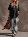 Loose V-neck short sleeve top with black and white striped wide leg pants set - S / Top And Bottom (1137) / Black
