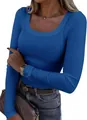 Detailed view of an elegant blue ribbed slim fit long sleeve scoop neck T-shirt - M / Tops / Sapphire Blue