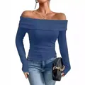 Elegante top blu con spalle scoperte a maniche lunghe da donna, vestibilità aderente - Taglia S / Top / Blu zaffiro