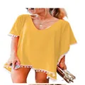 Bohemian yellow chiffon beach cover-up featuring white pom-pom tassel trim for summer wear - S / Tops / Yellow