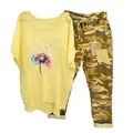 Women's 2-piece casual set featuring dandelion print yellow top and camouflage pants - 3XL / Top And Bottom / Yellow (Element 17)