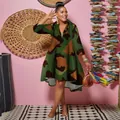 Stylish green camouflage print dress with deep V-neck and asymmetrical high-low hemline - M / Dresses / Classic Camouflage
