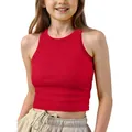 Detailed view of a red ribbed sleeveless cropped tank top shown on a young child model - S / Tops / Red