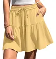 Detailed macro view of the ruffled hem and textured fabric on a yellow summer mini skirt - S / Bottoms / Yellow