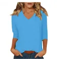 Casual women's sky blue V-neck T-shirt top featuring 3/4 sleeves and a comfortable fit - Cyan