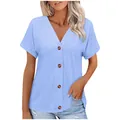 Close-up detail of a light blue short sleeve V-neck T-shirt featuring brown buttons - Blue