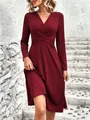 Elegant burgundy V-neck midi dress with long sleeves and cross-pleated waist detail. - S / Dresses / Burgundy
