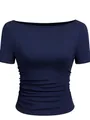 Detailopname van marineblauw geribbeld slim fit t-shirt met boothals en rimpeldetails - S / Tops / T-Shirts / Marineblauw
