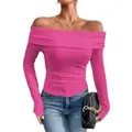 Elegante maglietta aderente a maniche lunghe rosa fucsia con spalle scoperte donna - Rosso rosa