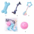 4-piece pet dog chew toy set including rubber bone, rope, star, and ball - Macaron Bone + Star + Spiky Ball + Double Knot Rope / Four-Piece Set