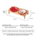 Set de deux gamelles en céramique champignon rouge avec support surélevé en chêne - Alim. Lente + Assiette Creuse (Piliers Parallèles) / Double Gamelle Avec Support