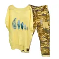 Fashionable women's two-piece set featuring yellow feather print top and camo pants - 3XL / Top And Bottom / Yellow (Element 13)