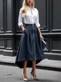 Chic dark denim high-low skirt featuring front zipper and side pockets - S / Bottoms / Navy Blue