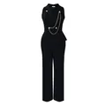 Elegant black wide-leg jumpsuit featuring a blazer collar and stylish gold chain detail - S / Black