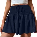 Detailed view of women's navy blue smocked high waist shorts with drawstring detail - S / Bottoms / Navy Blue