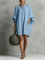 Elegant light blue loose batwing sleeve mini dress in imitation linen texture for summer - XS / Dresses / Sky Blue