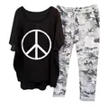 Women's 2-piece casual set featuring peace sign T-shirt and grey camouflage pants - 3XL / Top And Bottom / Black (134105 Element 45)