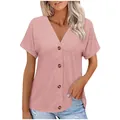 Close-up of the pink women's short sleeve V-neck button-down casual loose fit T-shirt - Pink