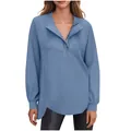 Hemelsblauwe casual damessweatshirt met lange mouwen, henley-halslijn en knoopsluiting - Blauw
