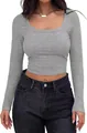Vista dettagliata di un crop top grigio a maniche lunghe a costine con elegante scollo quadrato - Taglia S / Top / Grigio