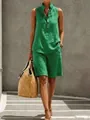 Green sleeveless linen two-piece set with buttoned stand collar and matching shorts. - S / Top And Bottom / Green