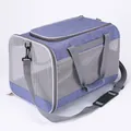 Breathable blue pet carrier bag with mesh windows and adjustable grey shoulder strap - Purple
