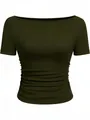 Detailweergave van donkergroene geribbelde top met slankere tailleplooien. - S / Tops / T-Shirts / Legergroen