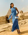 Elegant blue sleeveless chiffon dress with unique cross-neck draping detail and slim fit - S / Dresses / Blue