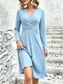 Elegant sky blue V-neck long sleeve midi dress featuring a stylish waist twist and pleated detail - S / Dresses / Light Blue