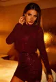 High quality detail showing the wine red sequin texture of this elegant mock neck bodycon dress - S / Dresses / Burgundy